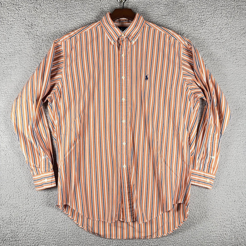 Vintage Ralph Lauren Blake Mens M Orange Navy Striped Button Down Shirt Cotton
